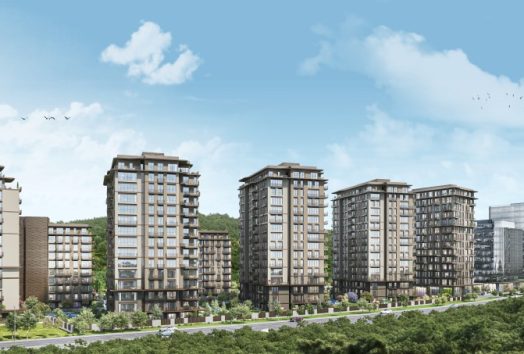 Aerial view of a modern apartment complex surrounded by forest near Vadistanbul in Istanb